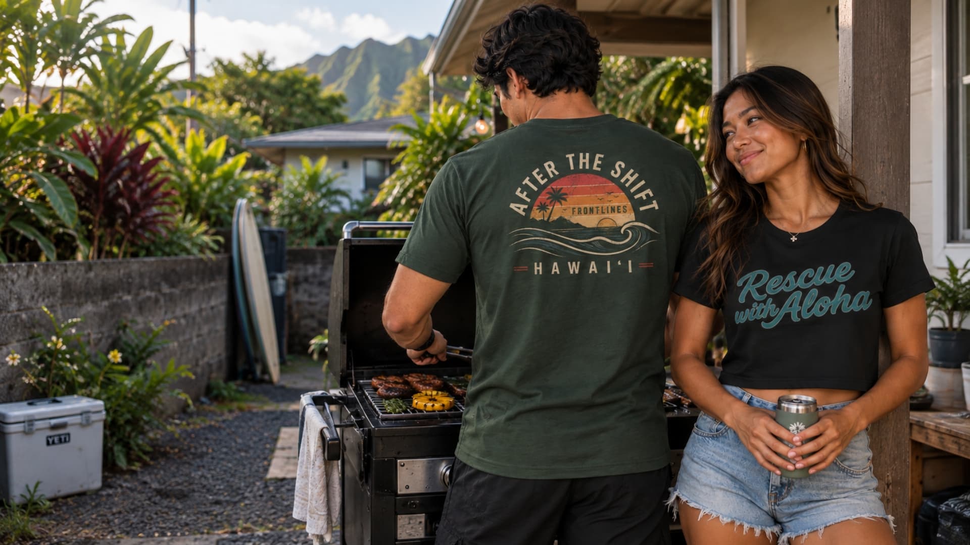 After the Shift and Rescue With Aloha tees worn at a backyard gathering