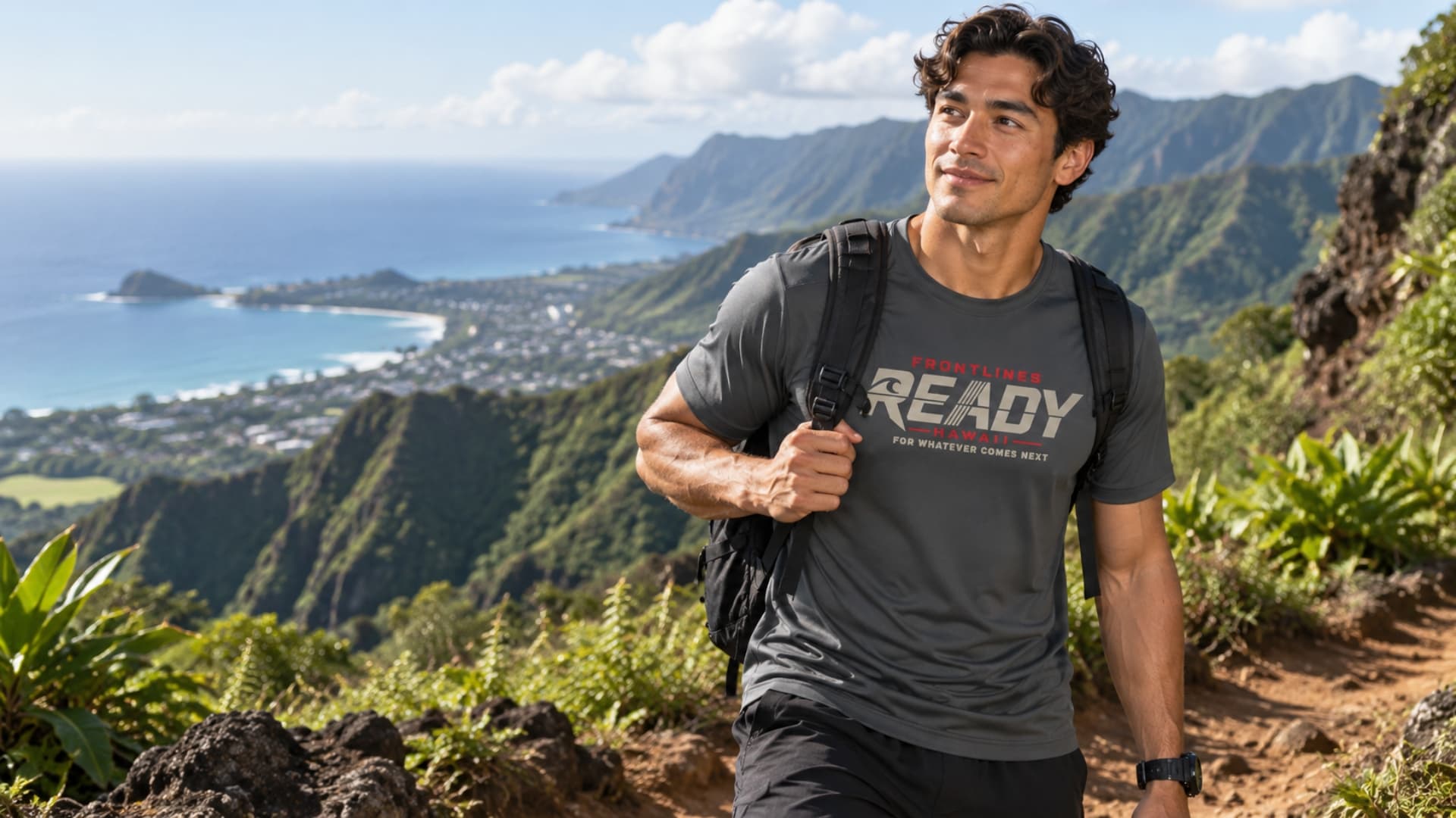Frontlines Ready tee worn on an island trail