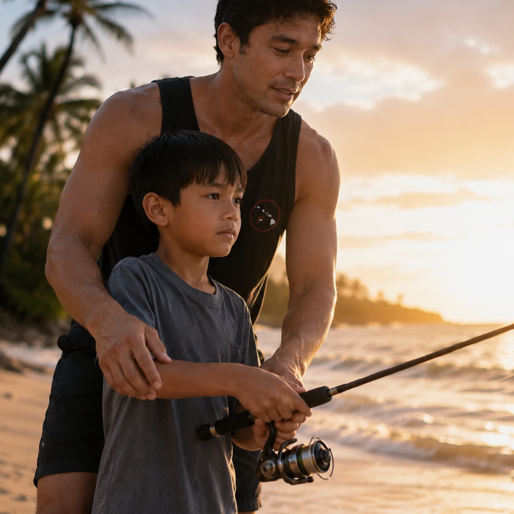 A father and child fishing together in Frontlines Essentials