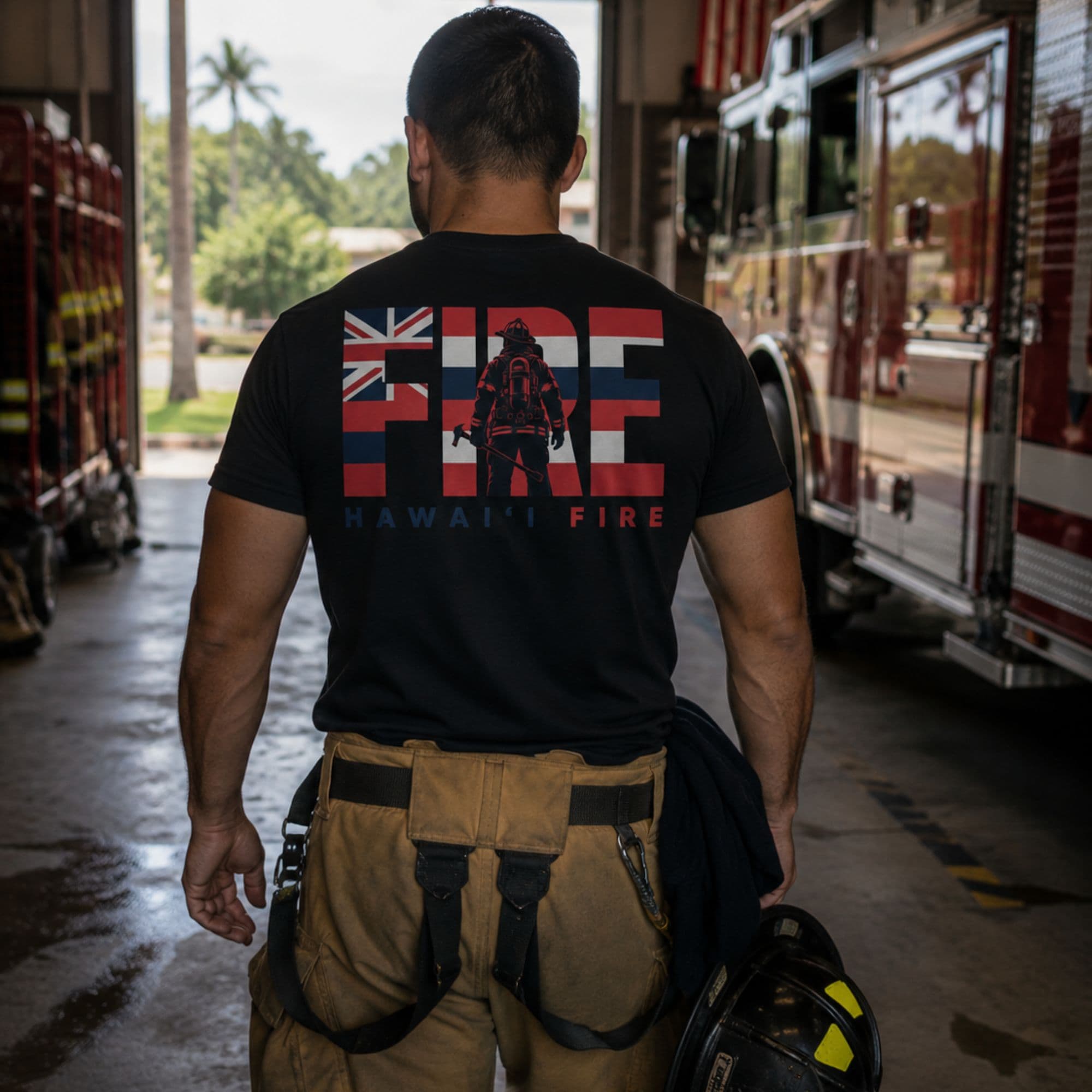 Hawaiʻi firefighter standing ready inside the station