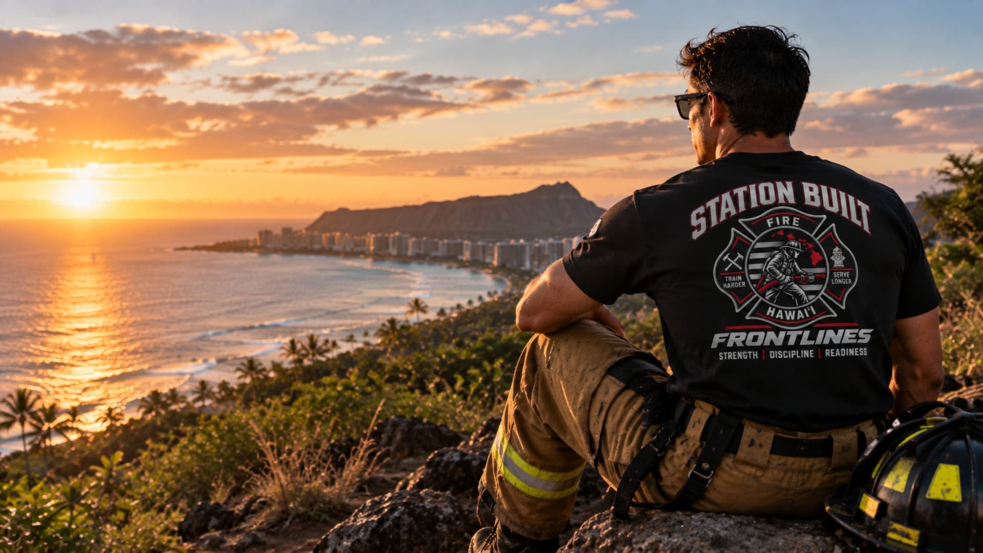 Station Built graphic tee overlooking the Honolulu coast