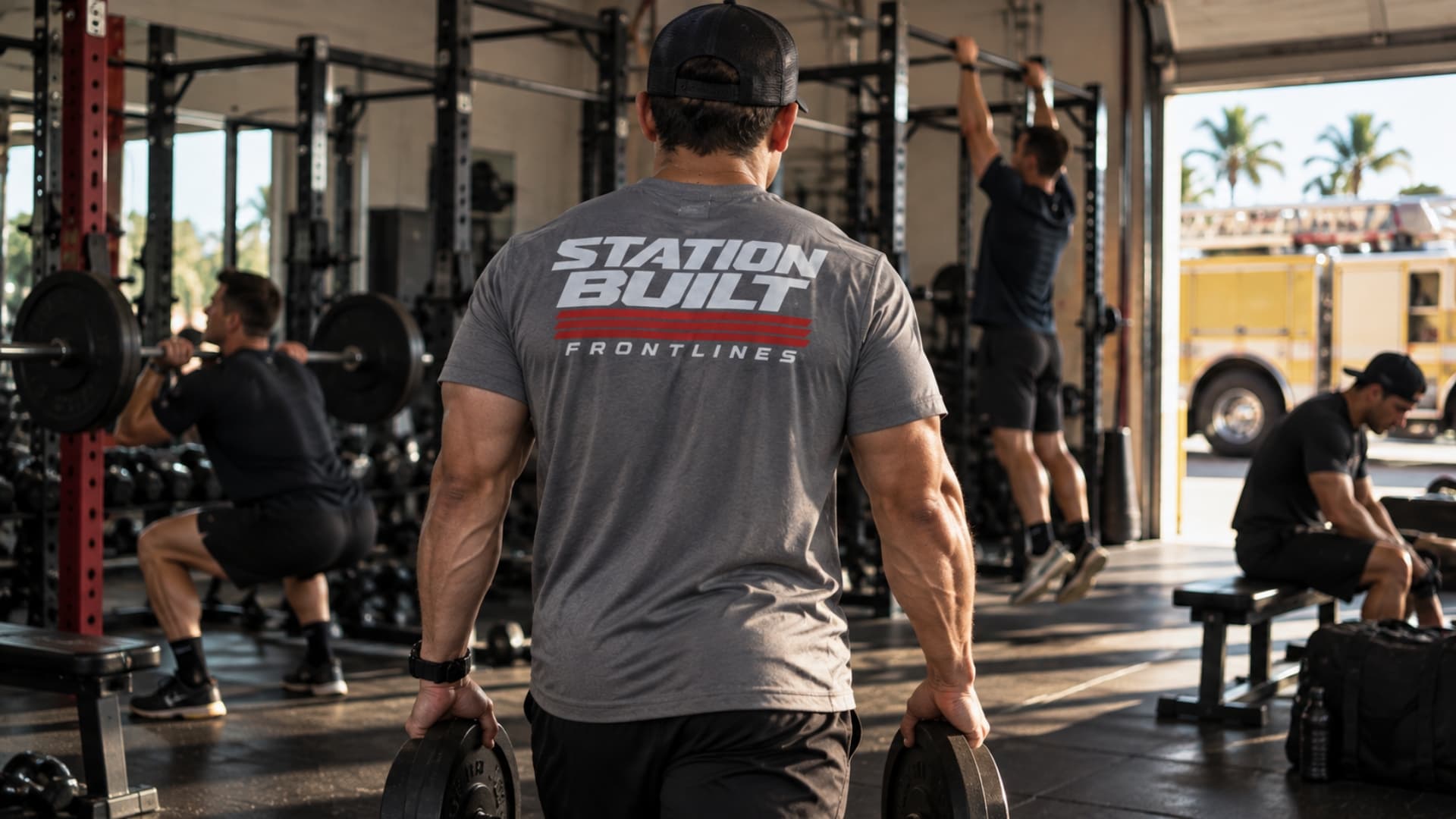 Station Built performance tee during a fire station gym session