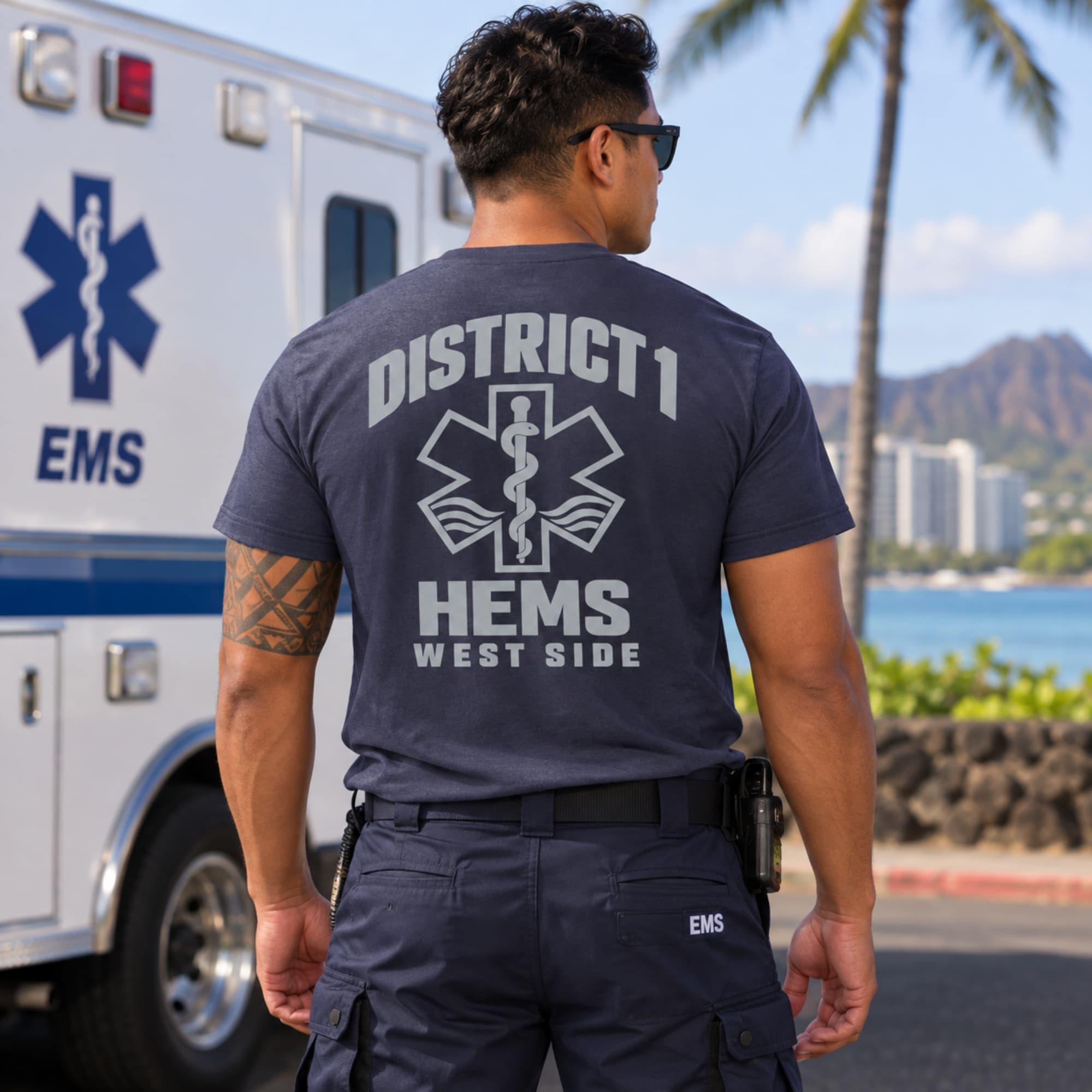 District 1 West Side design on the back of a navy tee
