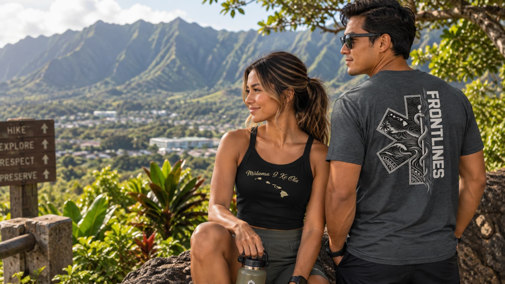 Mālama tank and Frontlines EMS tee worn together on an island day out