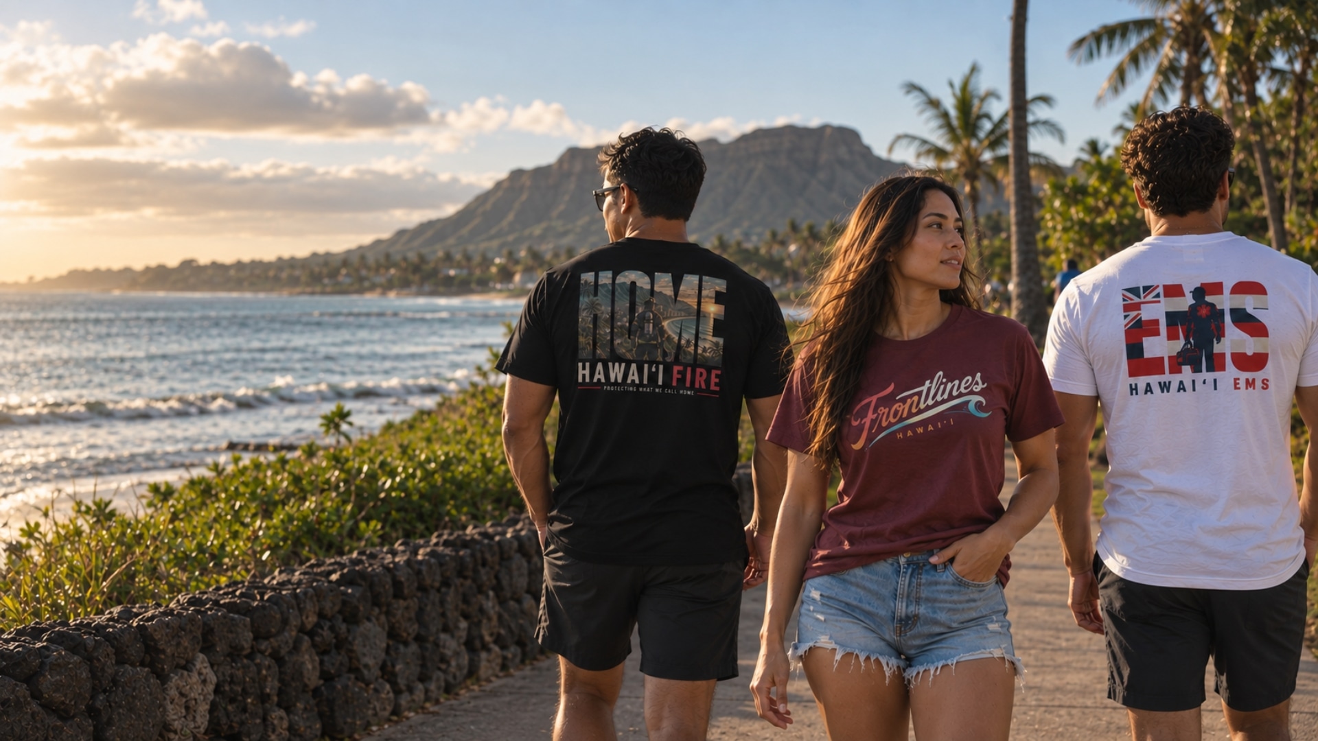 Frontlines Hawaiʻi apparel worn by the ocean with Diamond Head in the background