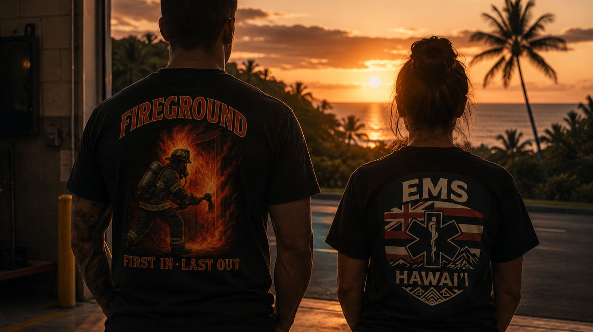 Island responders looking toward the ocean at sunset