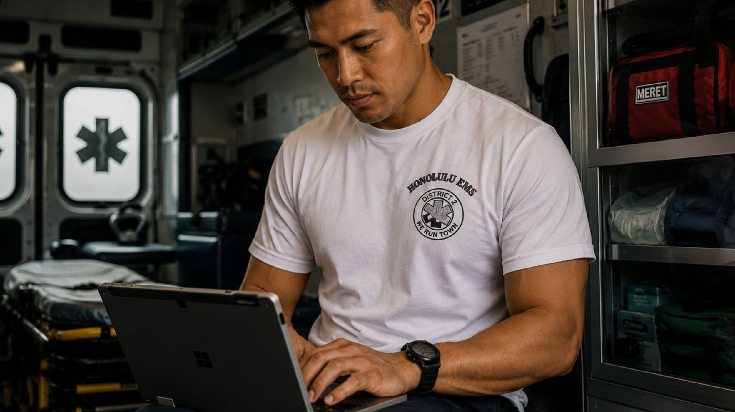 Hawaiʻi EMS District responder preparing inside an ambulance