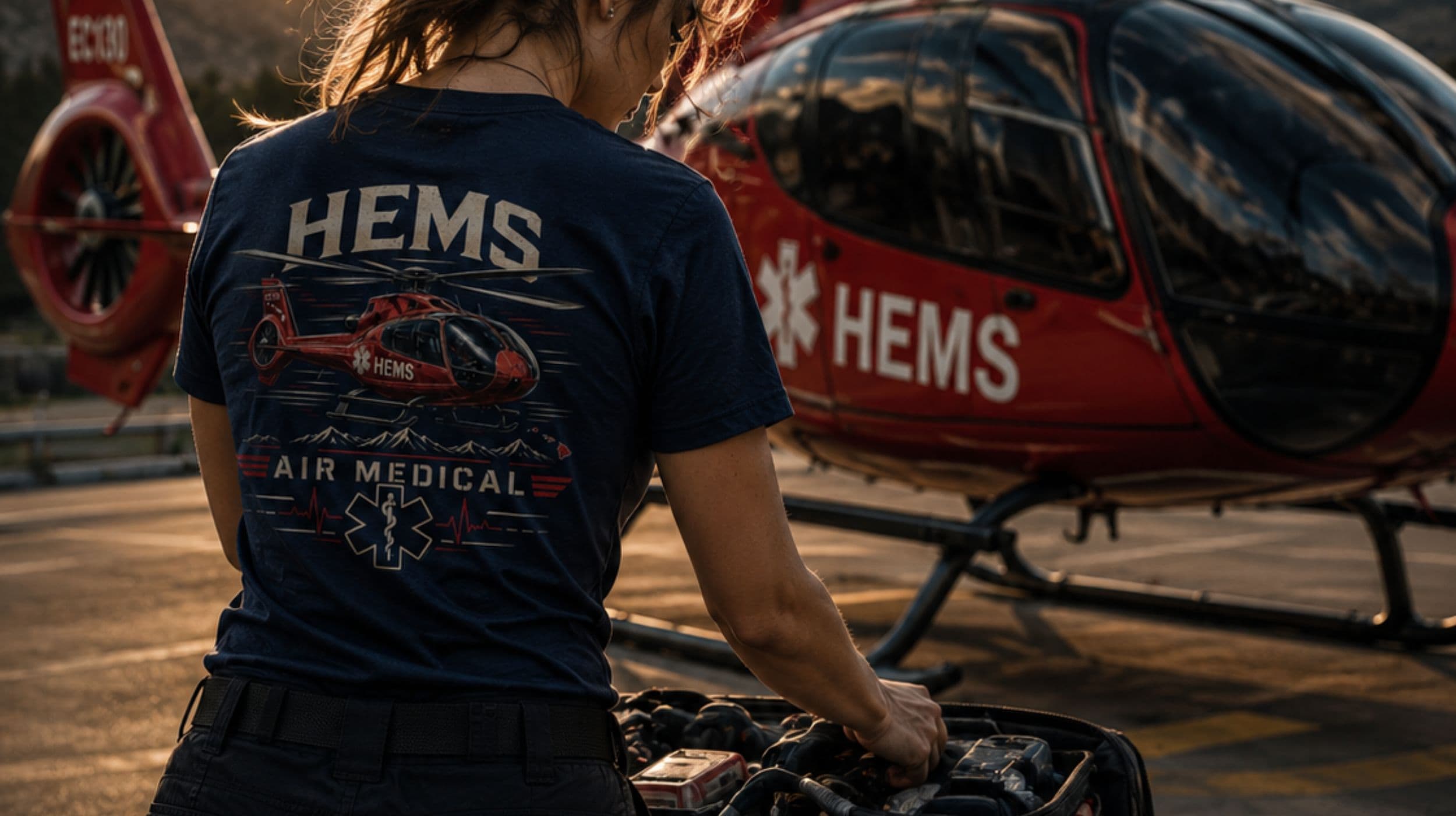 Flightline air medical responder beside a helicopter